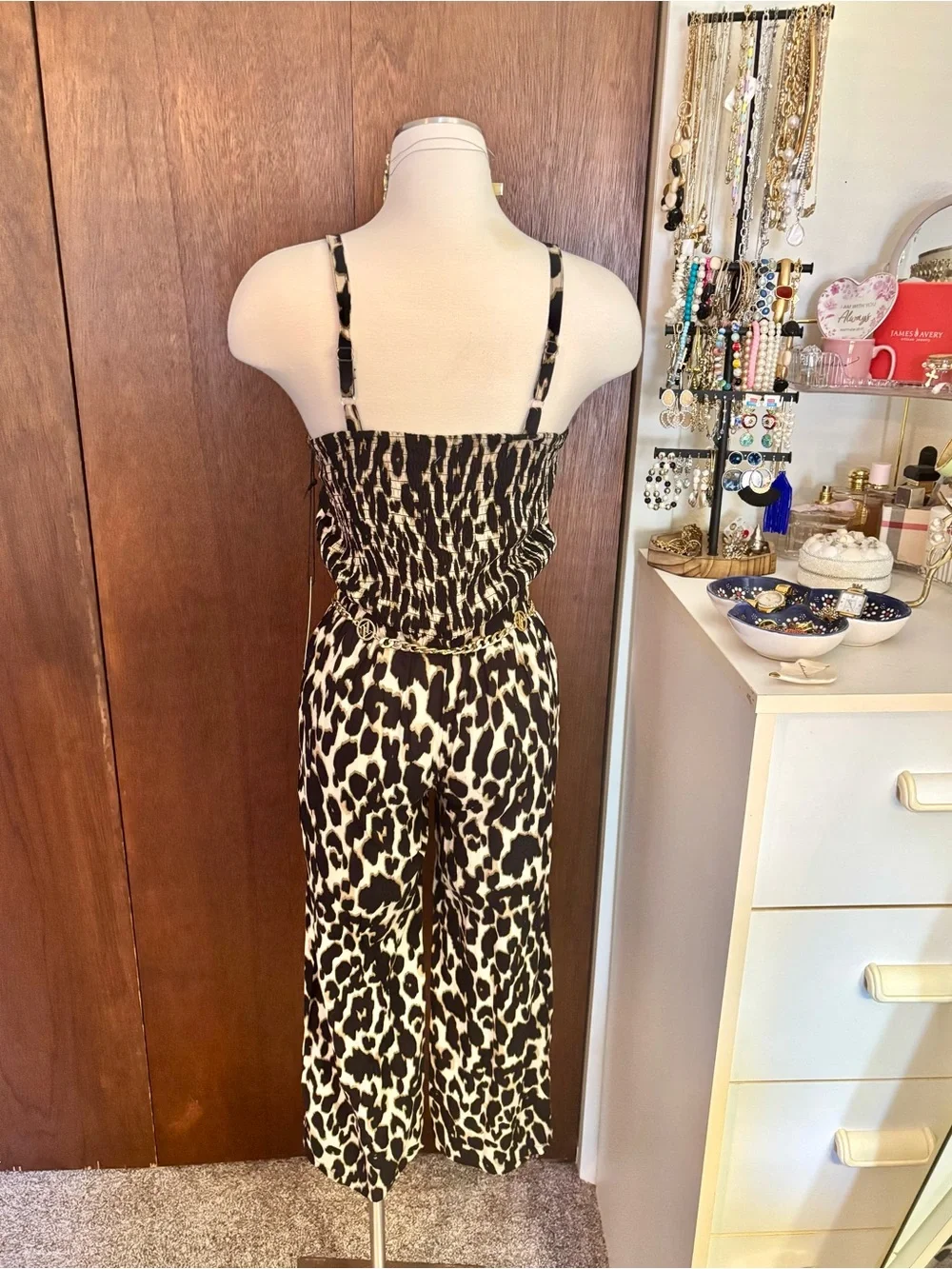 Women’s Black & Cream Leopard-Print Spaghetti-Strap Jumpsuit - Picture 4 of 4